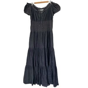 Jeanology Denim Maxi Dress Size 12 Black Smocked Tiered Boho Cottagecore Prairie
